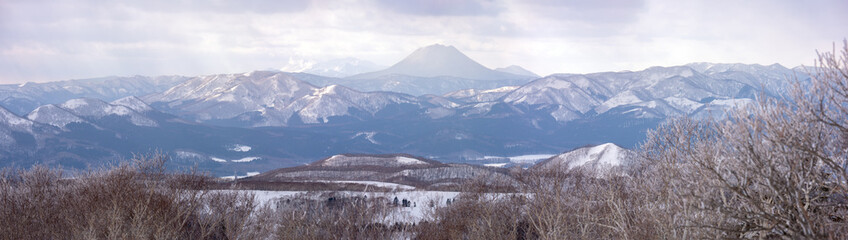 Fototapeta premium The natural view from the Mashu lake observation desk is covered in snow in winter in Hokkaido.