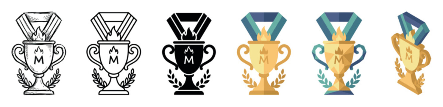 Trophy cup medal flame wreath icons in various styles including sketch, outline, glyph, flat, and isometric vector illustration
