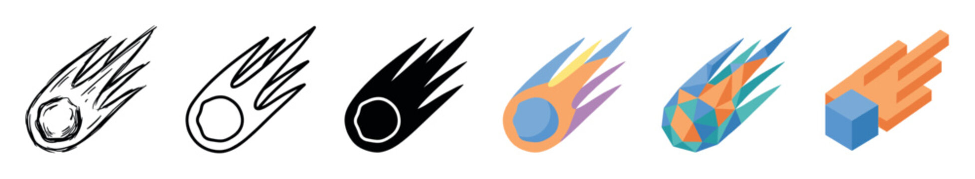 Meteorite comet asteroid icons in doodle, outline, glyph, flat, low poly, and isometric styles, vector illustration set