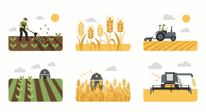 Farmers cultivate and harvest crops with tools, machinery, and barns