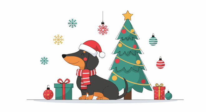 Festive dachshund in Santa hat with gifts and tree, snowflakes adorn