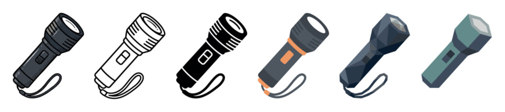 Flashlight torch light lamp icons in various styles including hand-drawn, outline, glyph, flat, and low poly vector illustration