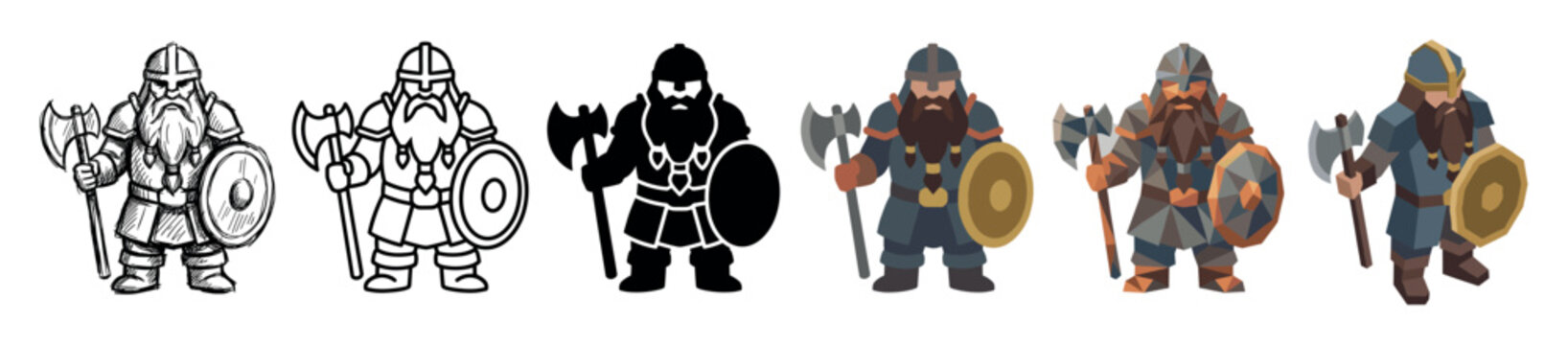 Dwarf warrior character with axe and shield in various styles including sketch, outline, silhouette, flat, low poly, and isometric vector illustration