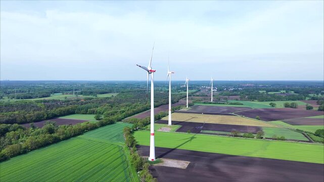 Wind Power Across the Countryside. Drone view