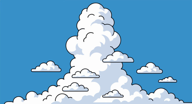 Fluffy cartoon clouds drift across a vibrant blue sky