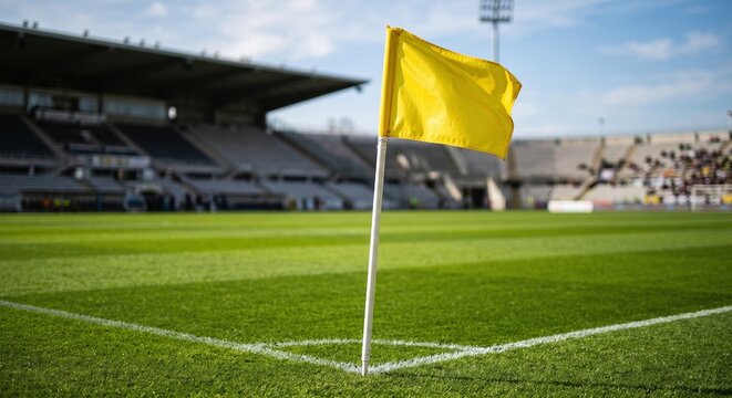 AI generated professional football stadium corner flag with blurred stands background