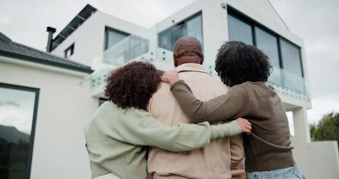 Back view, family and hug outdoor by house for bonding, connection and solidarity on property. Embrace, child running and parents by home with daughter, together and security, unity and real estate