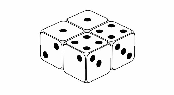 Four white dice arranged in a two-by-two formation, showing different pips