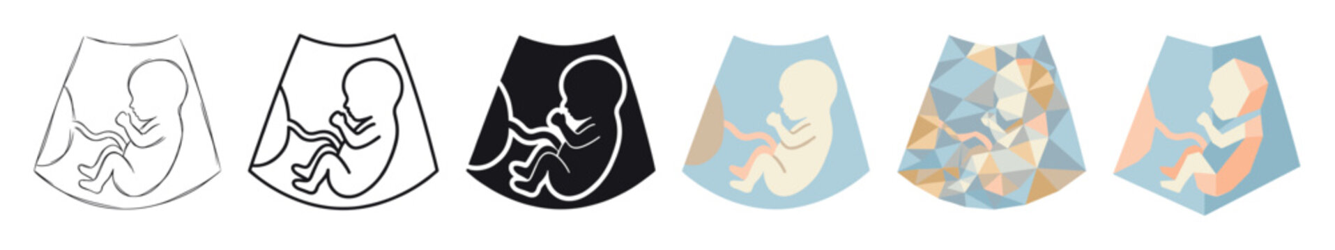 Fetus embryo baby ultrasound scan icons in various styles including outline, solid, flat, low poly, and isometric vector illustration
