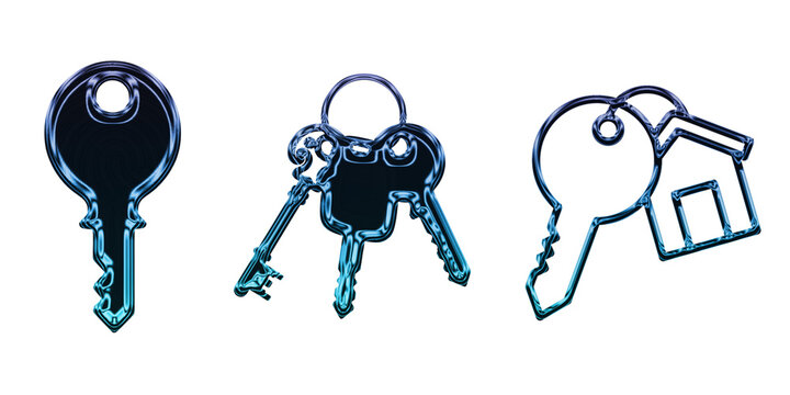Set of 3d rendered glossy blue keys isolated on transparent background