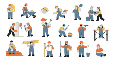 Fototapeta premium Construction Industry Workers Flat Vector Illustration Set: Building, Tools, and Materials