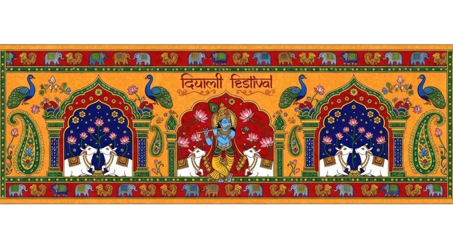 Vibrant Indian Festival Banner with Lord Krishna and Cows.