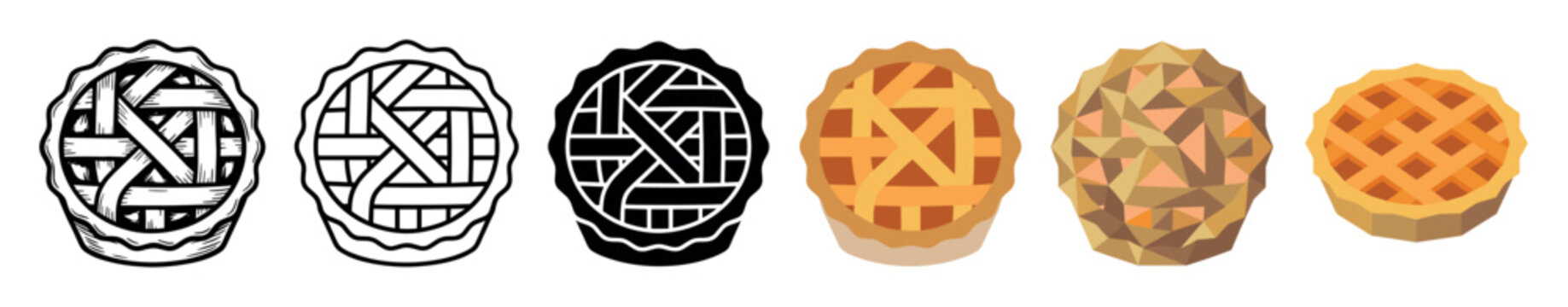 Apple pie dessert icons set in various styles including outline, glyph, flat, and low poly vector illustration
