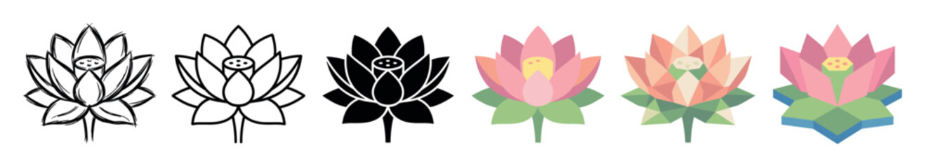 Obraz premium Lotus flower icons in various styles including sketch, outline, glyph, flat, geometric, and isometric designs