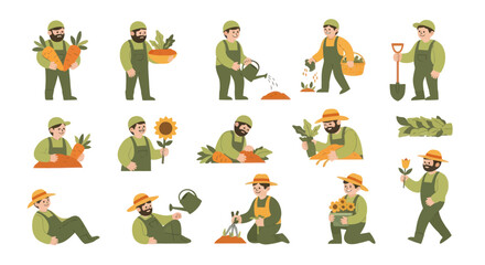 Fototapeta premium Flat Vector Farmers and Gardeners Illustration Set. Agriculture, Gardening, Planting, Harvesting Icons