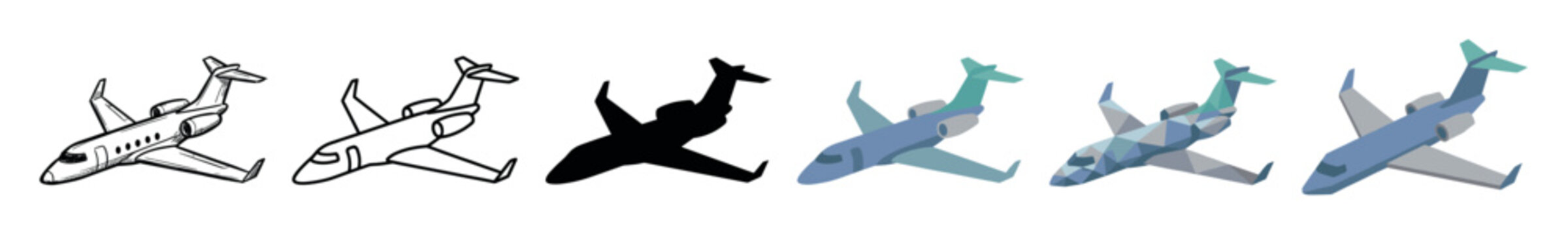 Private jet airplane aircraft icons in various styles including hand drawn sketch, outline, silhouette, flat, low poly, and isometric vector illustration