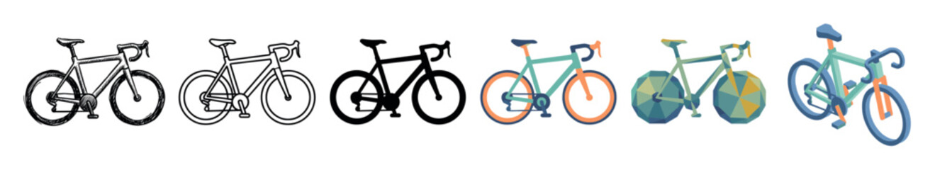 Fototapeta premium Bicycle road bike icons in various styles including sketch, outline, solid, flat, low poly, and isometric vector illustration