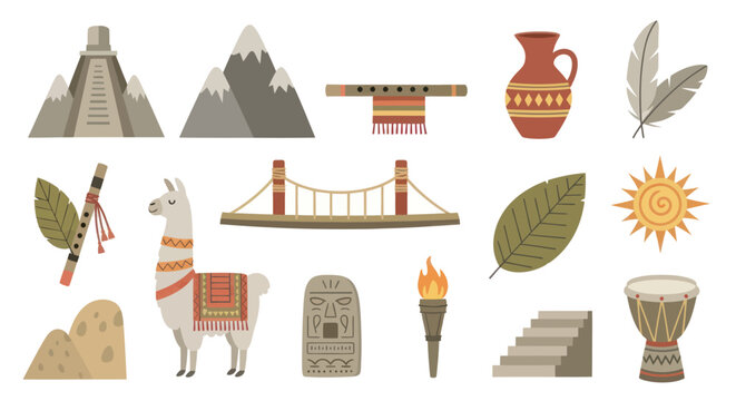 Flat Vector Icons of Inca Civilization Symbols: Llama, Machu Picchu, Sun, Flute, Torch
