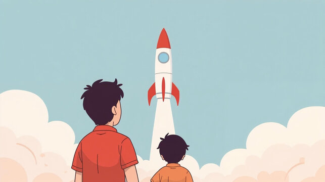 illustration of father and son looking at rocket on launch pad. 
