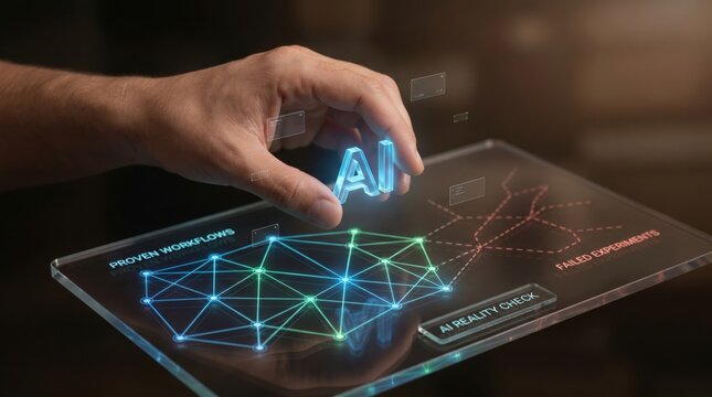 AI Productivity Reassessment - A hand holds a glowing AI icon above a sleek interface panel, highlighting successful workflows while failed paths subtly fade in a minimal, modern design.