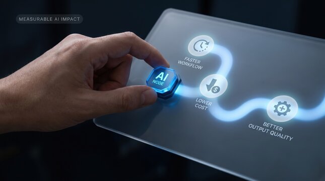 AI Productivity Reassessment - Hand connects AI interface to workflow outcomes, highlighting faster, cheaper, and higher quality results with glowing path and clean minimal UI.