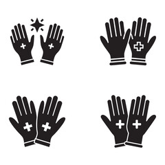 Fototapeta premium Medical gloves with crosses on white background four pairs of black medical gloves with white crosses on palms in different positions
