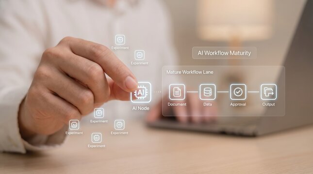 AI Productivity Reassessment - A hand gently arranges AI icons into a seamless workflow, symbolizing the evolution from scattered experiments to streamlined AI maturity in a clean UI.