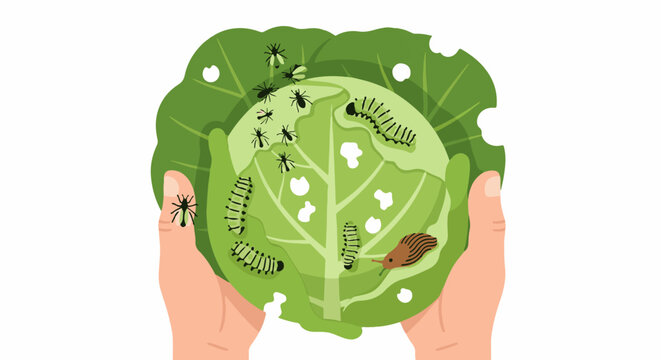 Hands holding a damaged cabbage leaf with various insects eating it