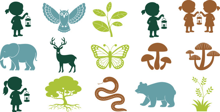 Nature and wildlife vector icons set featuring children with lanterns owl deer butterfly elephant bear snake mushrooms and forest plants isolated on white background
