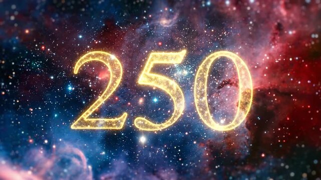 Glistening golden numeral 250 with sparkling particle effect, suspended in vibrant deep space cosmic cloud of celestial bodies.
