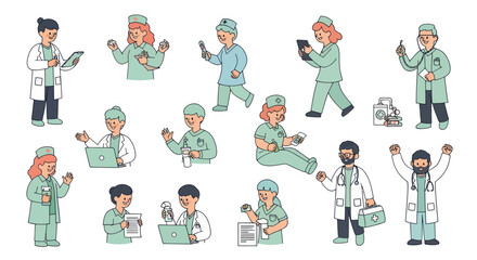 Fototapeta premium Medical Professionals Flat Line Art Illustration Set. Diverse Doctors and Nurses at Work, Healthcare Team