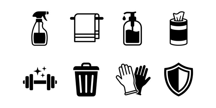 Cleaning bottle towel soap dispenser tissue bin gloves shield and sparkling dumbbell hygiene symbols