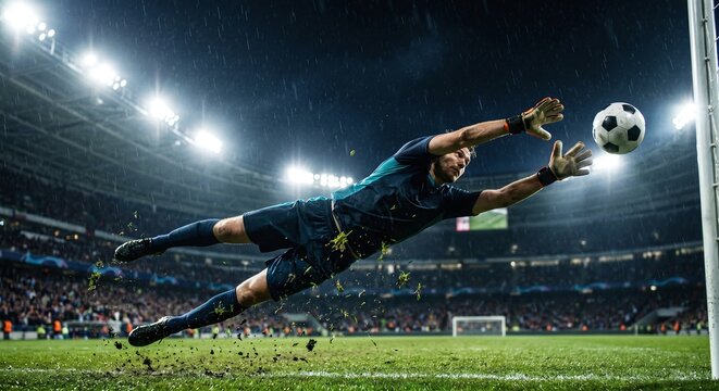 AI generated cinematic action of a football goalie making a save in the rain