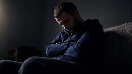 Fototapeta premium Depressed Man Sitting Alone in Dark Room Feeling Sad and Lonely