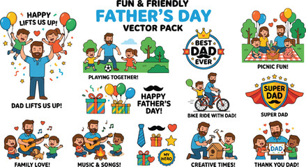 Fototapeta premium Father's Day continuous line art vector pack with father and son illustrations