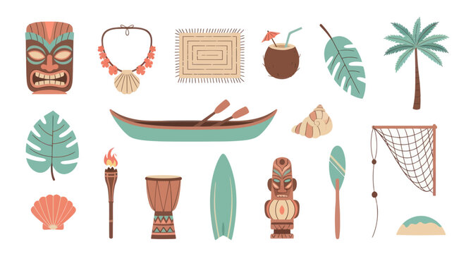 Flat Design Tropical Hawaiian Icons Vector Illustration. Summer Vacation, Polynesian Culture, and Beach Elements Set.