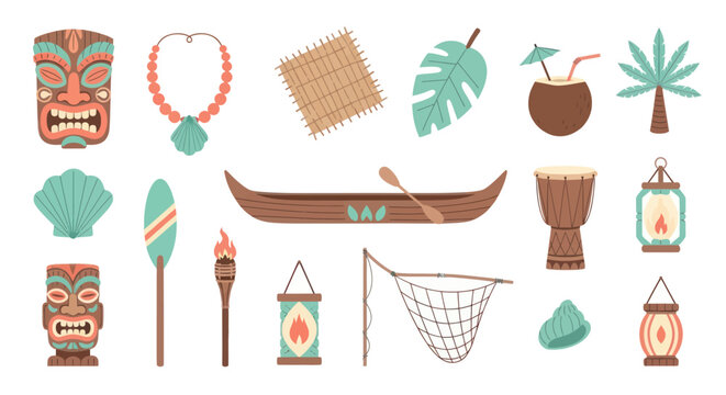 Flat Vector Set of Tropical Polynesian Culture and Hawaiian Holiday Elements with Tiki Masks, Canoe, and Coconut Drink