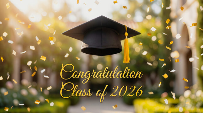 Graduation cap with confetti and congratulations message for class of 2026