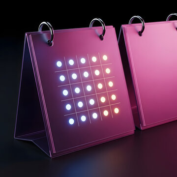 Desktop calendar with glowing neon grid dots representing schedule planning and organized business time management tasks