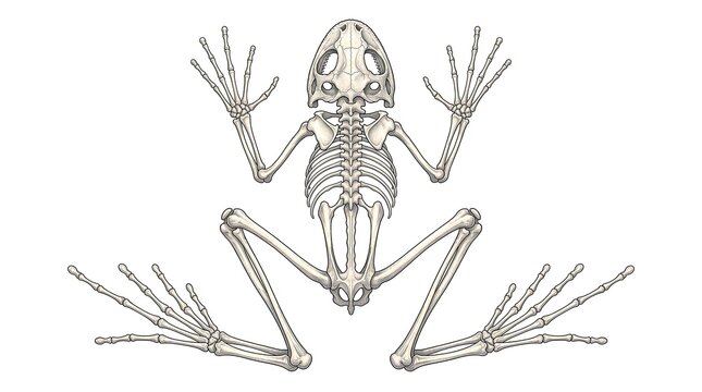 Tropical amphibian skeletal study, expanded hind legs, thin finger bones, textured skull anatomy, scientific fantasy blend, clean 2d illustration, isolated on pure white background