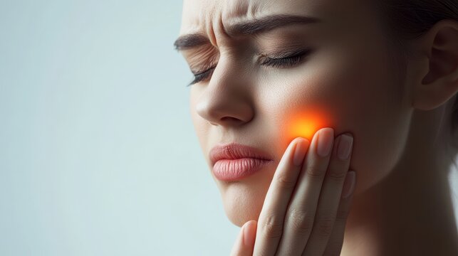 Close up portrait of a young woman with a painful expression, touching her cheek with closed eyes, highlighting tooth or gum pain