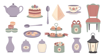 Fototapeta premium Afternoon Tea Party Flat Design Elements - Teapot, Cake, Cupcakes, Macarons, Chair, Lantern