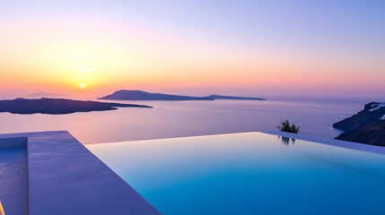 Obraz premium Luxury infinity pool overlooking Santorini caldera at sunset, Aegean Sea, Greece
