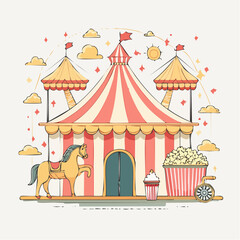 Obraz premium Circus Tent with Horse and Popcorn Illustration