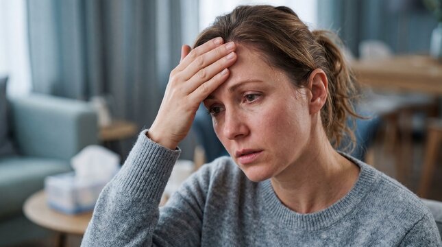 Woman feeling unwell with hand on forehead, experiencing fever and fatigue, sitting indoors in cozy home environment, showing concern and discomfort