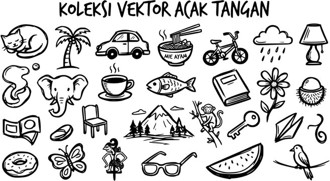 Hand Drawn Vector Doodles Collection: Everyday Objects, Animals  Nature Elements in Black  White Line Art Style
