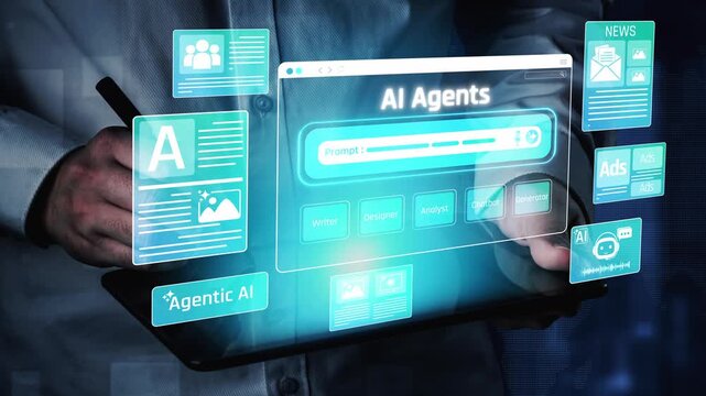 Futuristic Digital Interface Showcasing AI Agents Technology with Interactive Features for Content Creation and Data Analysis Sigmoid