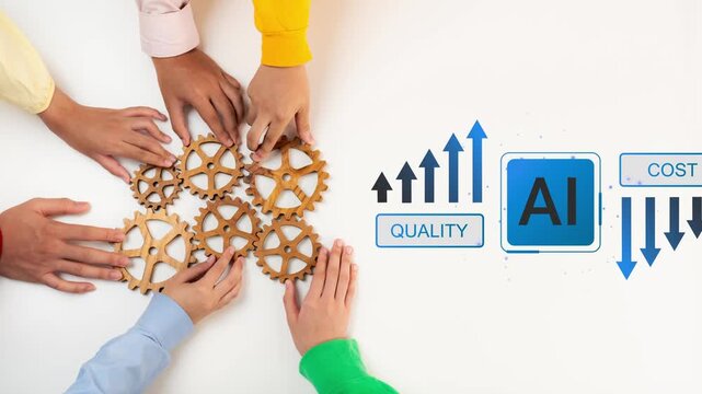 Hands Collaborating with Gears and AI Concept Representing Productivity, Cost Efficiency, Quality Improvement in Modern Business Workflow Gluon.