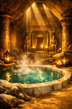 Ancient spa pool with steam in a temple illustration