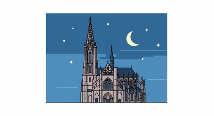 Obraz premium Gothic cathedral silhouette against a starry night sky with crescent moon